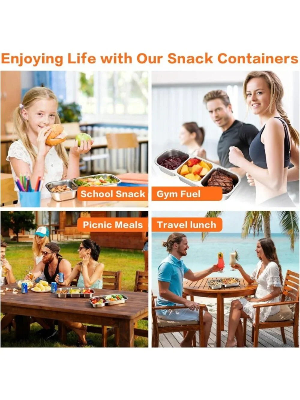 4 Pack Stainless Steel Snack Containers with Lids - 3 Compartment Food Storage